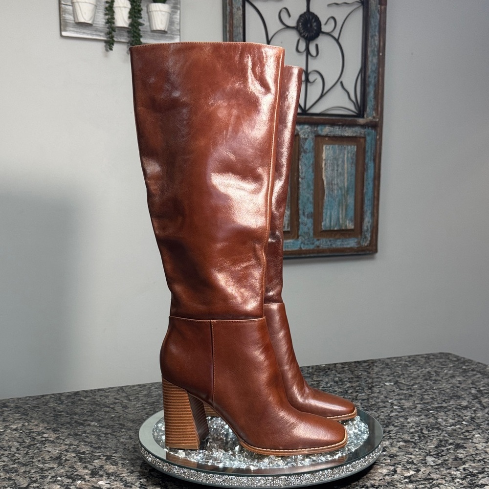Nine West Brown Leather Knee-High Block Heel Boots